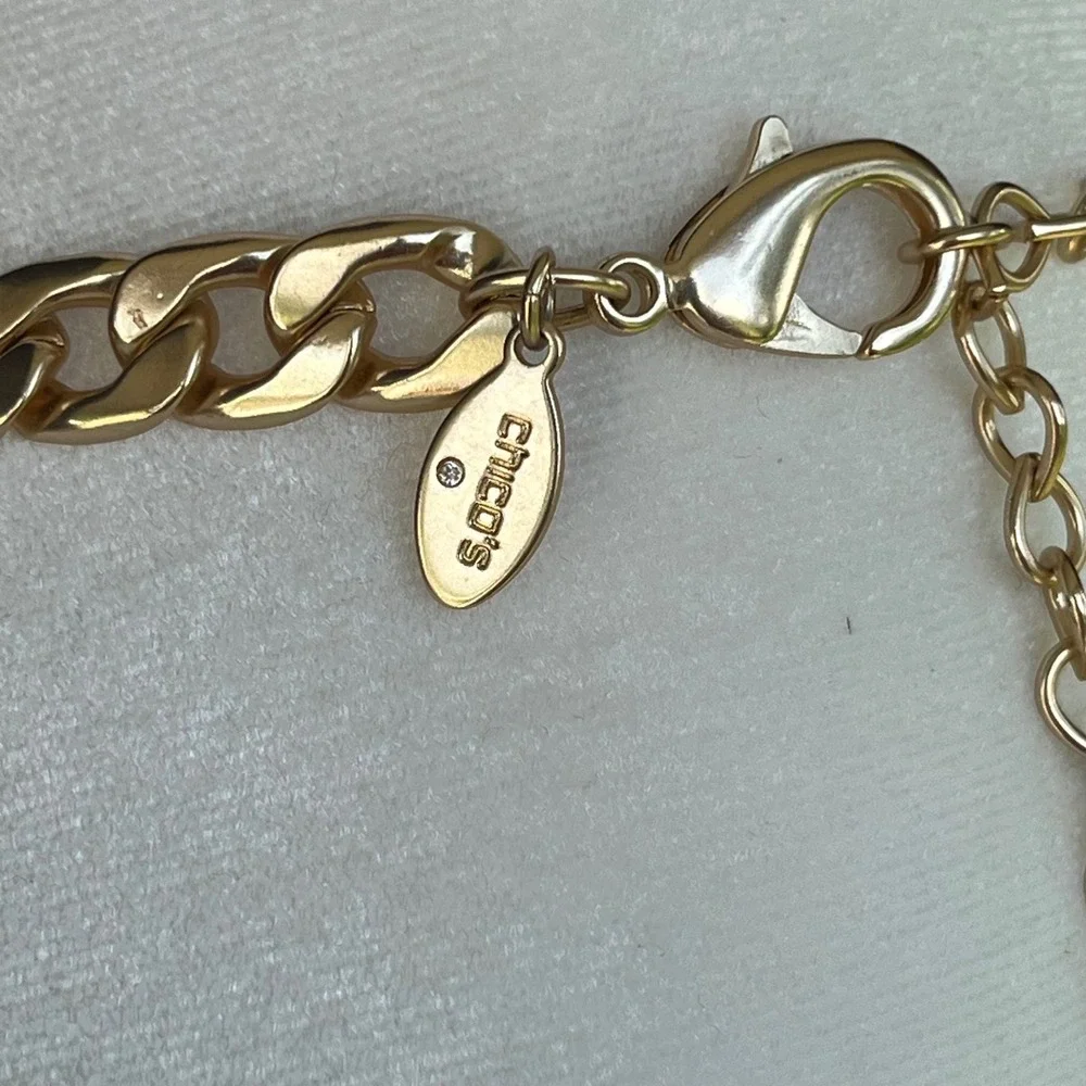 Chicos Gold Tone Chunky Curb Chain Carabiner Pave Rhinestone Necklace Womens